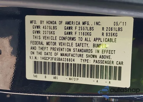 2011 Honda Accord Exl from USA, damaged, VIN 1HGCP3F85BA028804